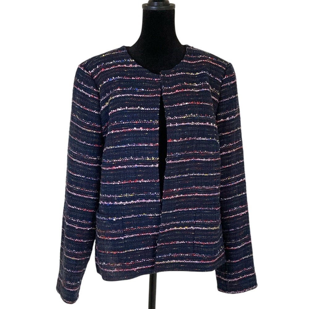 Talbots Womens Multicolor Navy Striped Tweed‎ Blazer Size 14 Classic Career